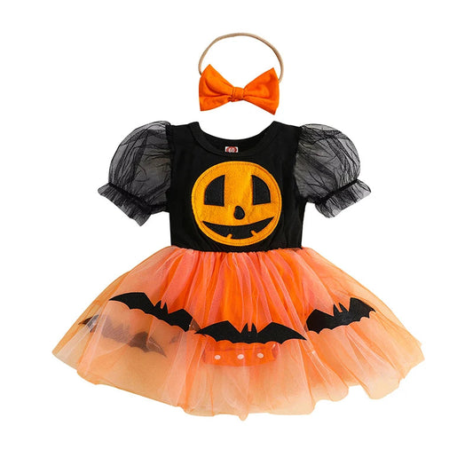 KMK - Halloween Pumpkin Face Tulle Romper + Headband