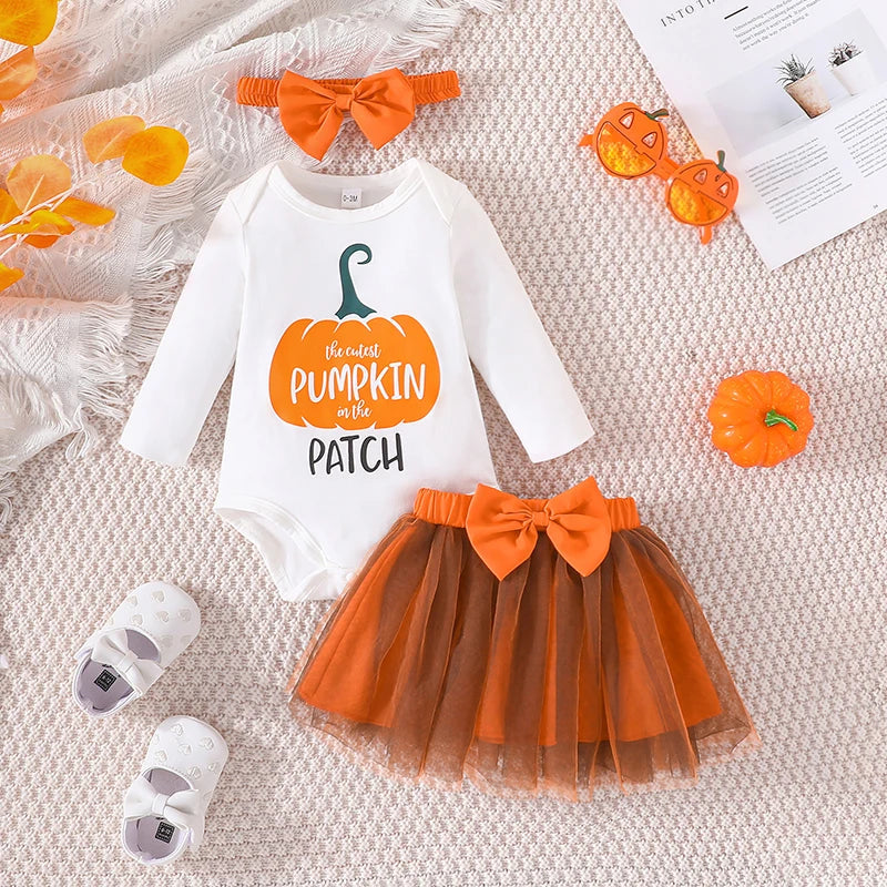 KMK - Halloween Pumpkin Print Romper + Tulle Skirt + Headband