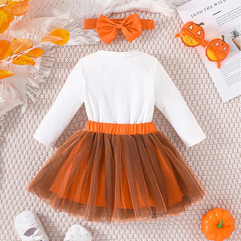 KMK - Halloween Pumpkin Print Romper + Tulle Skirt + Headband