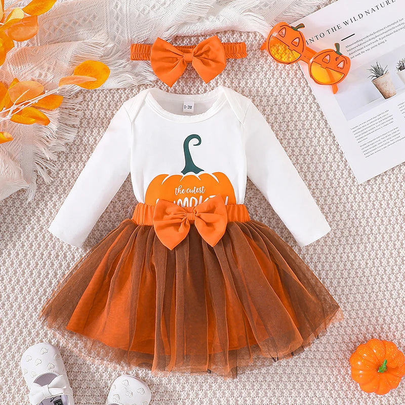 KMK - Halloween Pumpkin Print Romper + Tulle Skirt + Headband