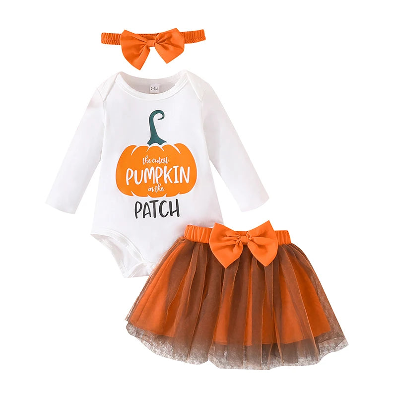 KMK - Halloween Pumpkin Print Romper + Tulle Skirt + Headband