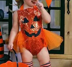 KMK - Halloween Pumpkin Sequin Romper Dress + Socks