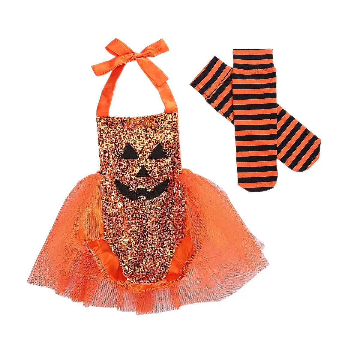 KMK - Halloween Pumpkin Sequin Romper Dress + Socks