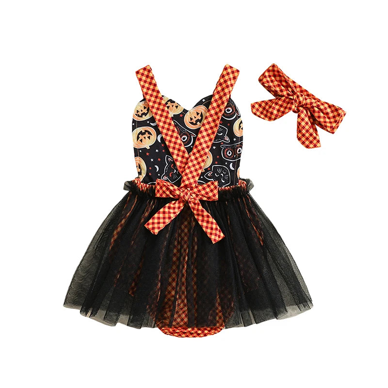 KMK - Halloween Pumpkin Tulle Romper + Headband