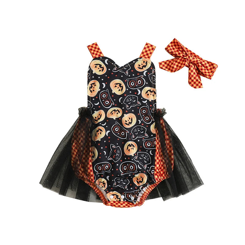 KMK - Halloween Pumpkin Tulle Romper + Headband