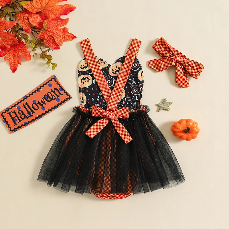 KMK - Halloween Pumpkin Tulle Romper + Headband