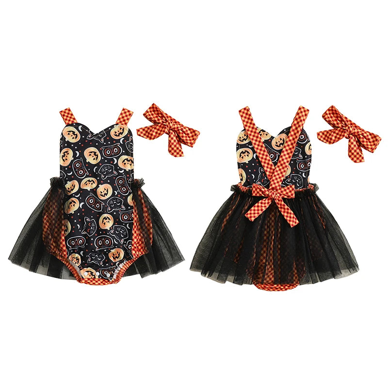 KMK - Halloween Pumpkin Tulle Romper + Headband