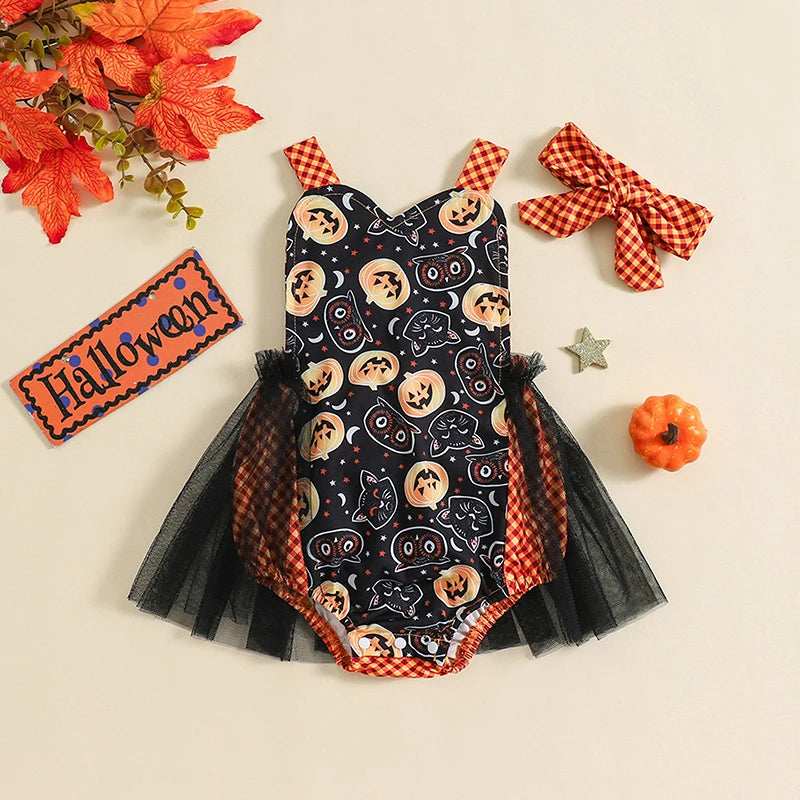 KMK - Halloween Pumpkin Tulle Romper + Headband