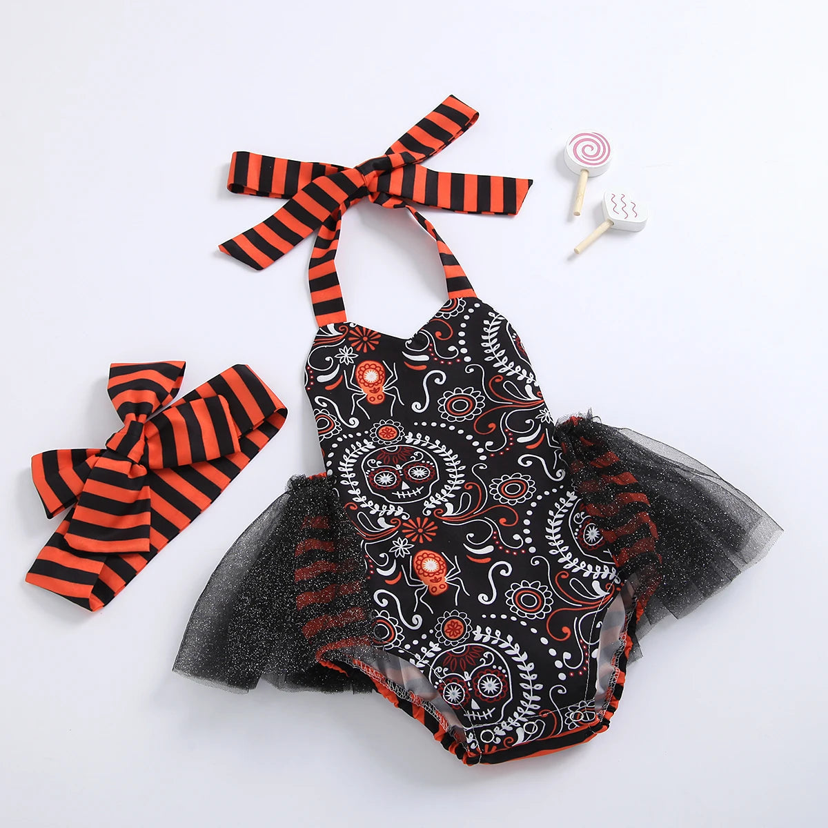 KMK - Halloween Skull Pattern Romper + Headband