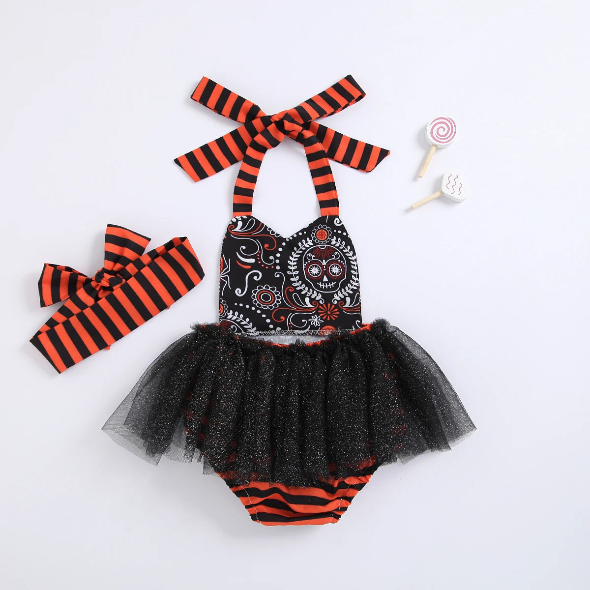 KMK - Halloween Skull Pattern Romper + Headband