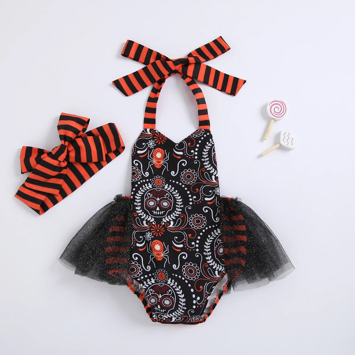 KMK - Halloween Skull Pattern Romper + Headband