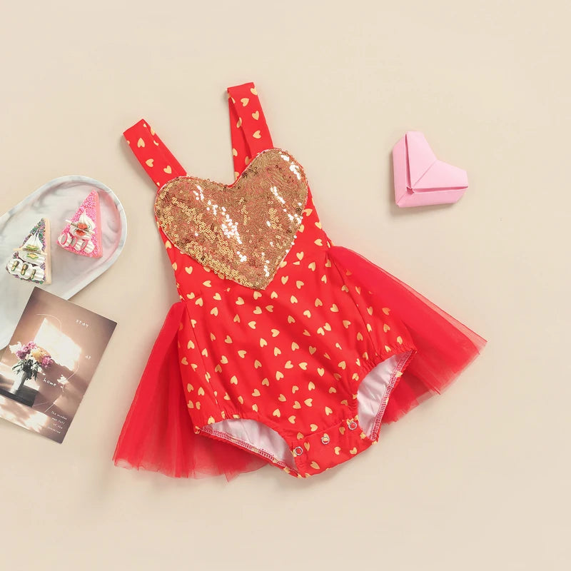 KMK - Heart Printed Sequin Tutu Romper Dress