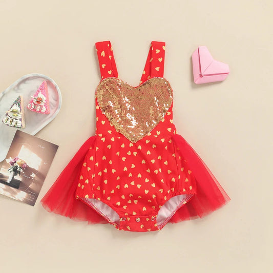 KMK - Heart Printed Sequin Tutu Romper Dress