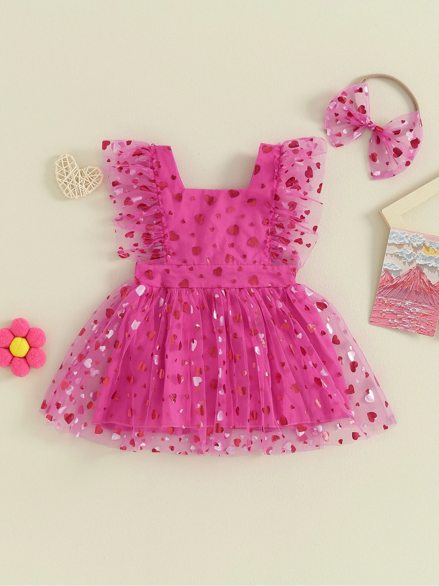 KMK - Hearts Short Sleeve Flower Lace Mesh Tutu Dress Romper + Headband