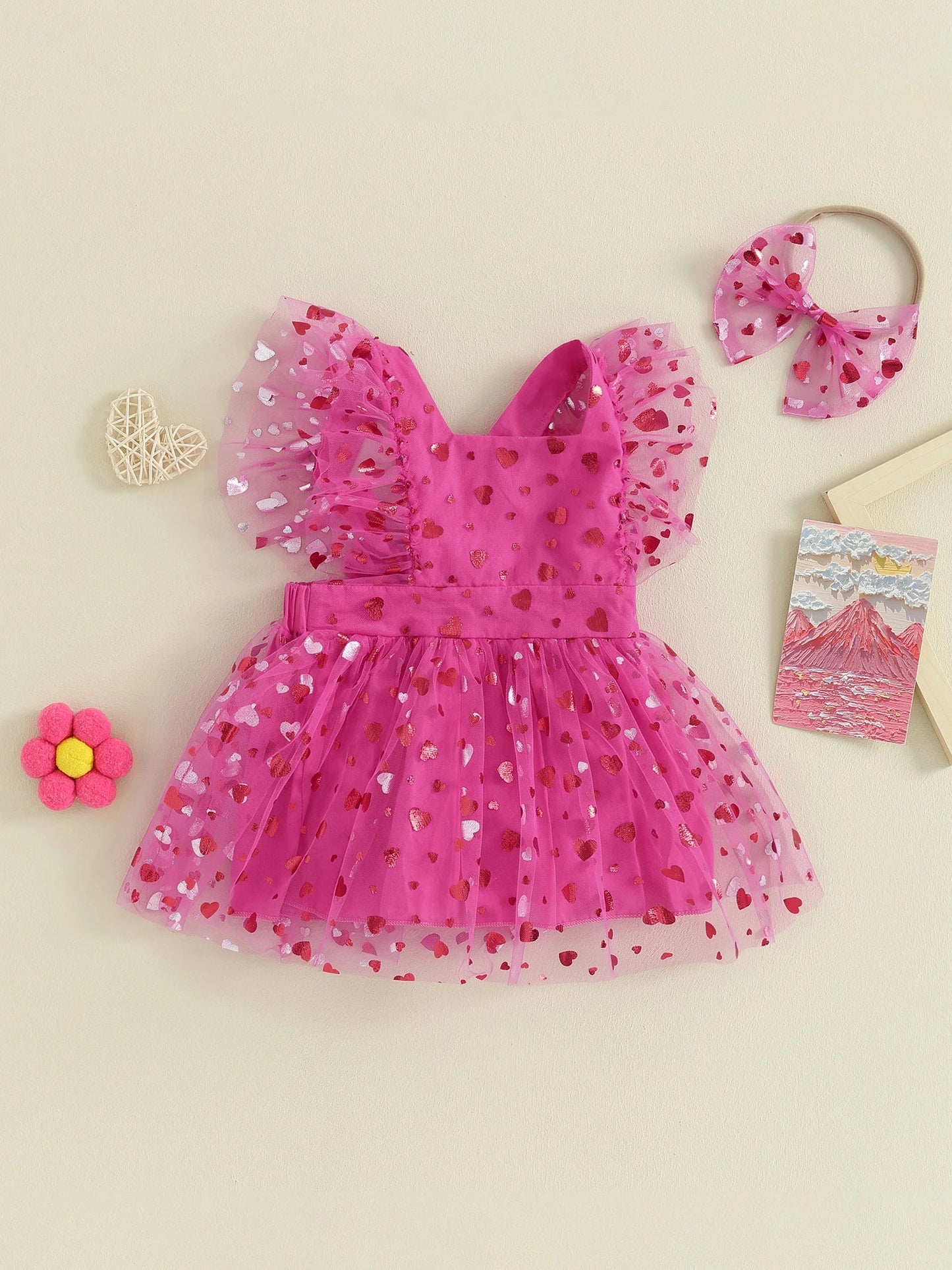 KMK - Hearts Short Sleeve Flower Lace Mesh Tutu Dress Romper + Headband