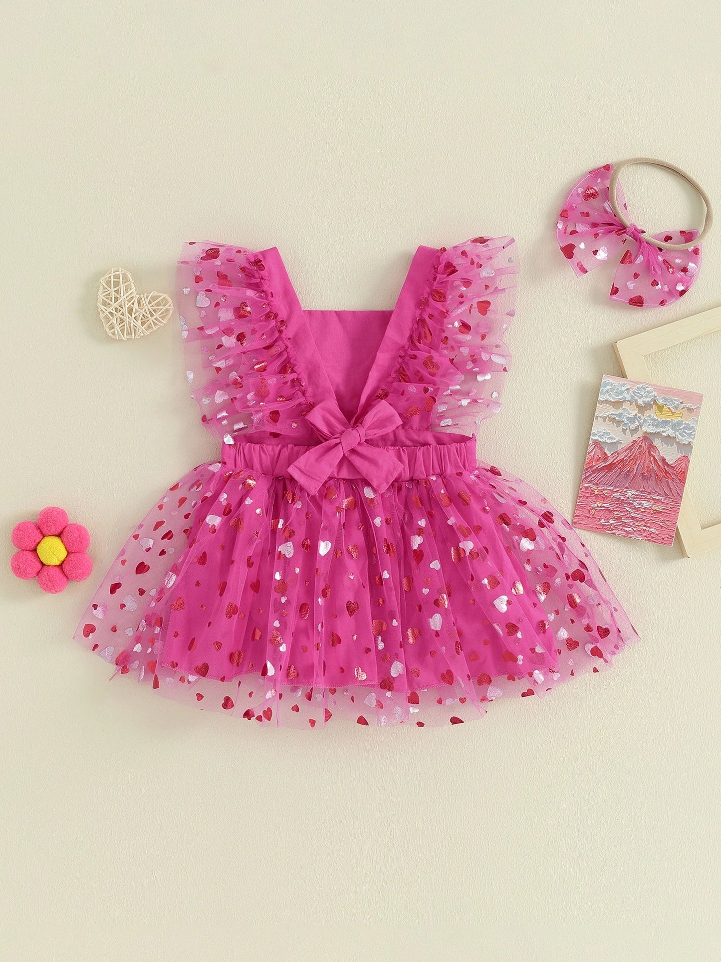 KMK - Hearts Short Sleeve Flower Lace Mesh Tutu Dress Romper + Headband