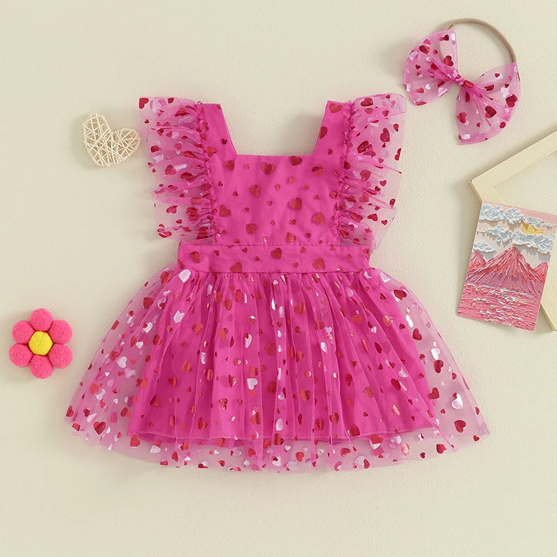 KMK - Hearts Short Sleeve Flower Lace Mesh Tutu Dress Romper + Headband