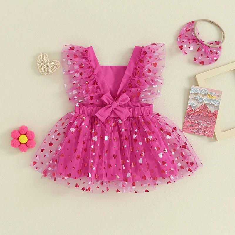 KMK - Hearts Short Sleeve Flower Lace Mesh Tutu Dress Romper + Headband