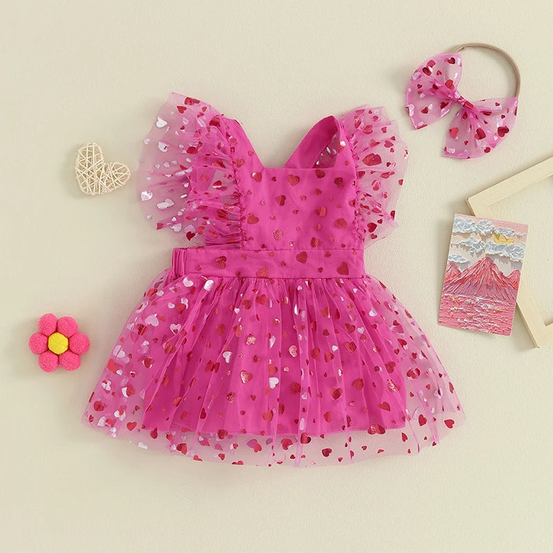 KMK - Hearts Short Sleeve Flower Lace Mesh Tutu Dress Romper + Headband