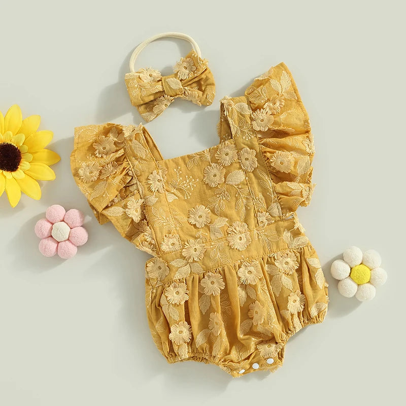 KMK - Lace 3D Flower Embroidery Romper with Headband