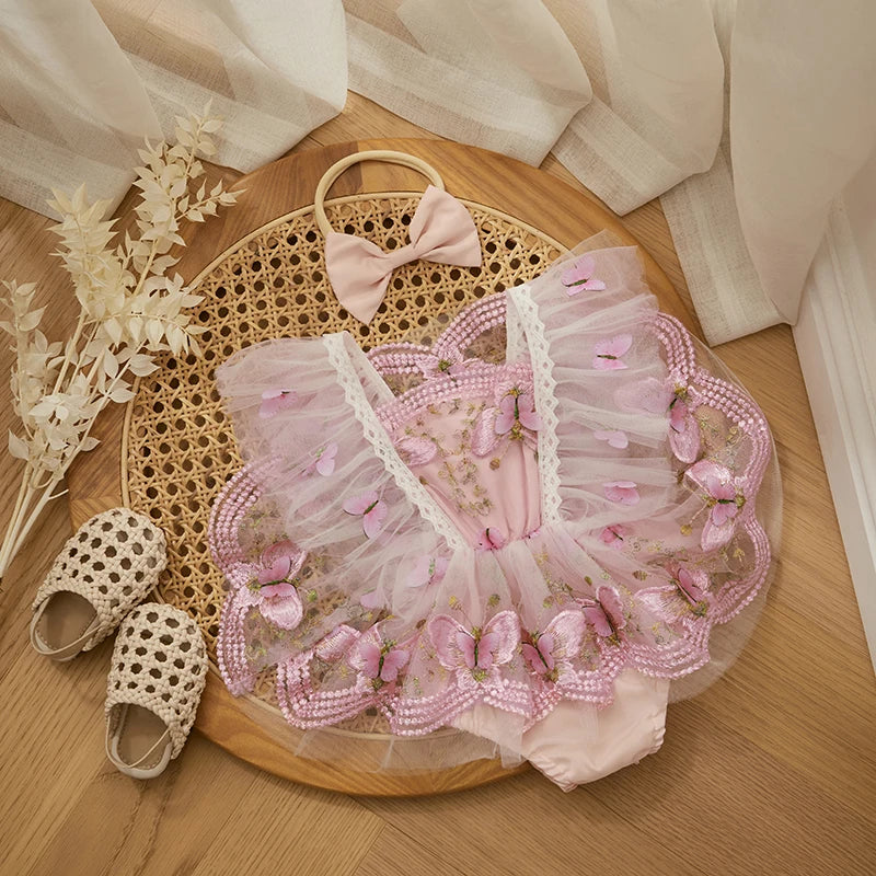 KMK - Lace Butterfly Tulle Romper Dress + Headband