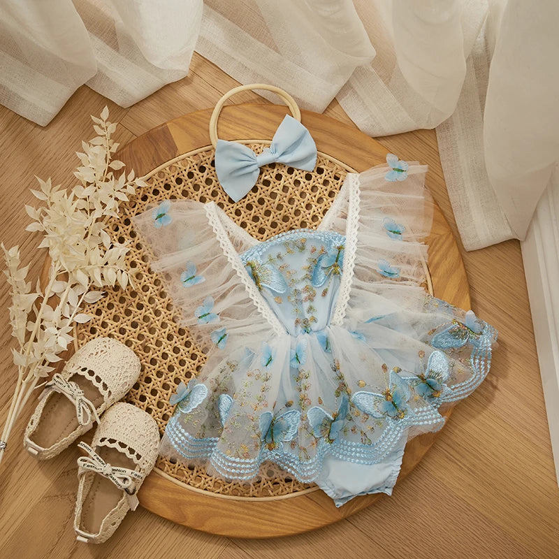 KMK - Lace Butterfly Tulle Romper Dress + Headband