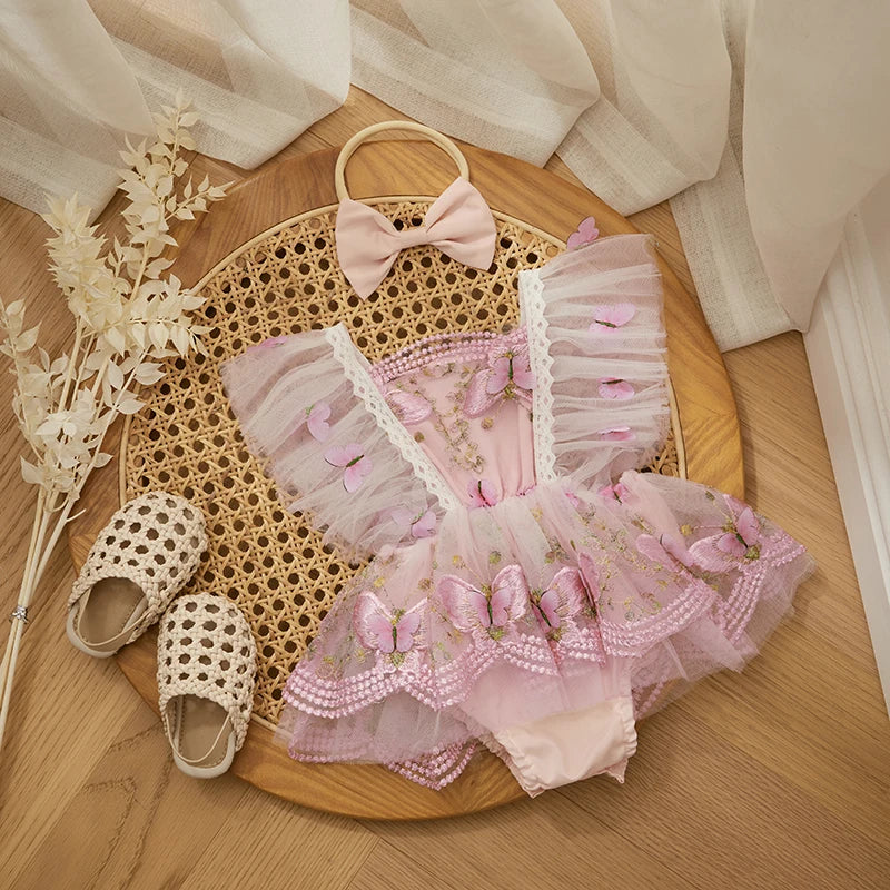 KMK - Lace Butterfly Tulle Romper Dress + Headband