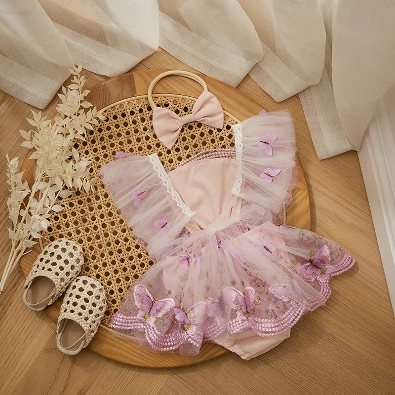 KMK - Lace Butterfly Tulle Romper Dress + Headband