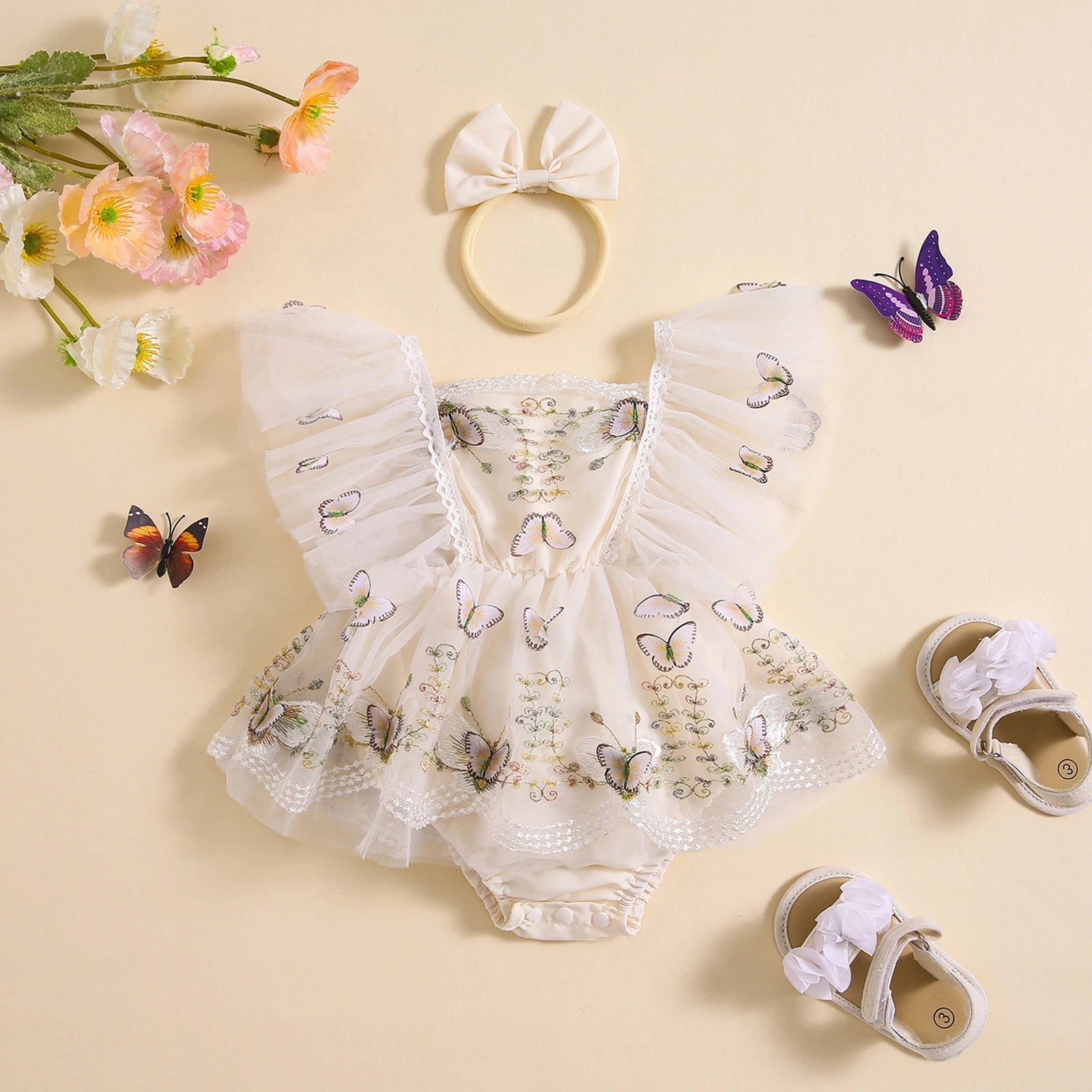 KMK - Lace Butterfly Tulle Romper Dress + Headband