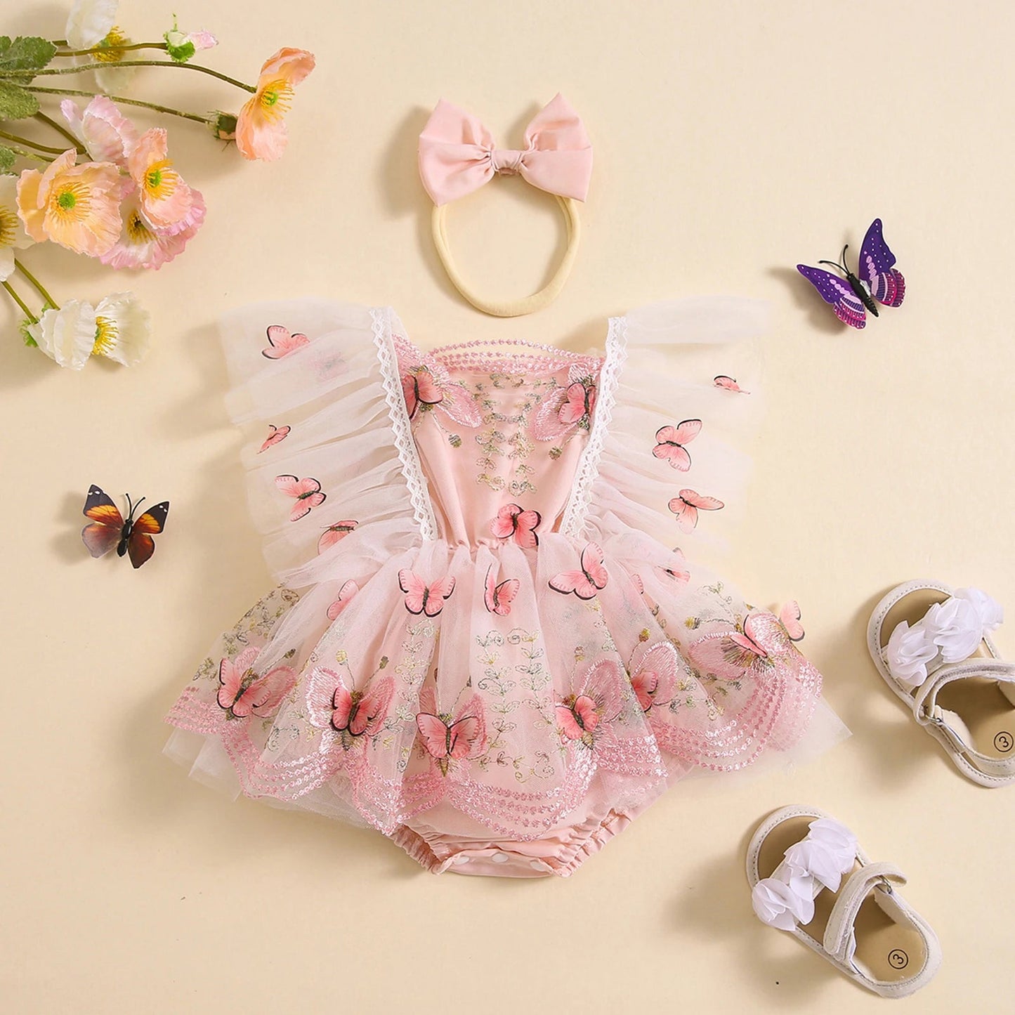 KMK - Lace Butterfly Tulle Romper Dress + Headband