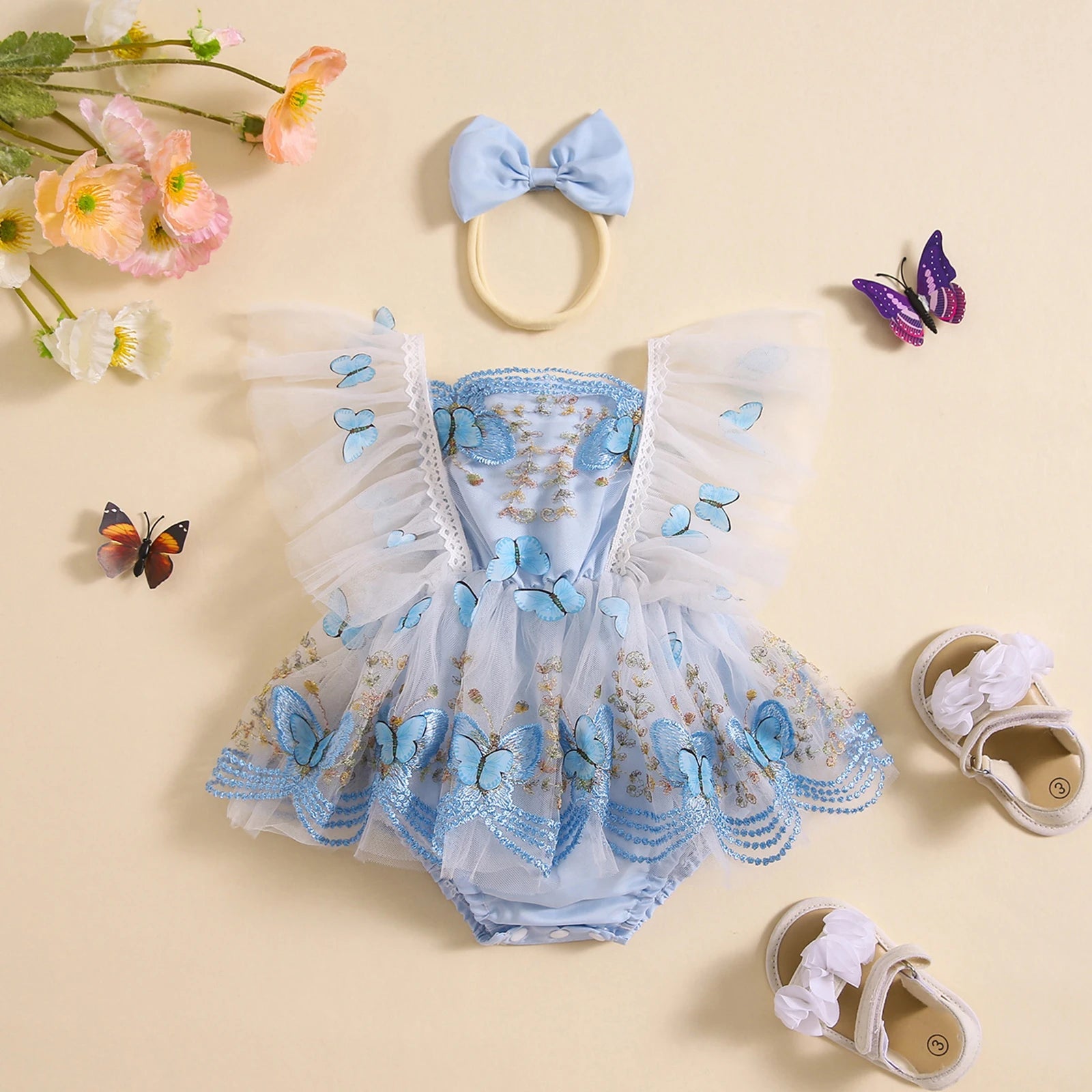 KMK - Lace Butterfly Tulle Romper Dress + Headband