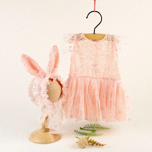 KMK - Lace Dress And Bonnet Set