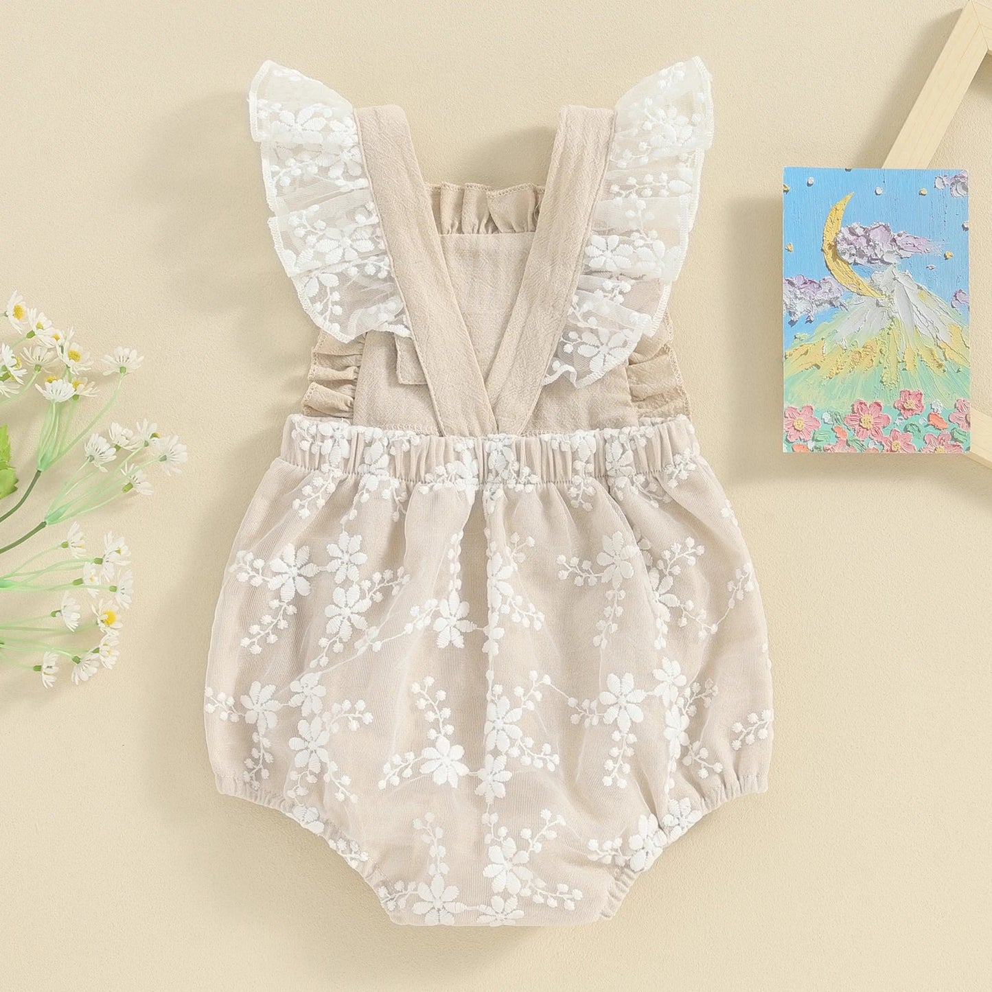 KMK - Lace Embroidery Buttons Frills Romper