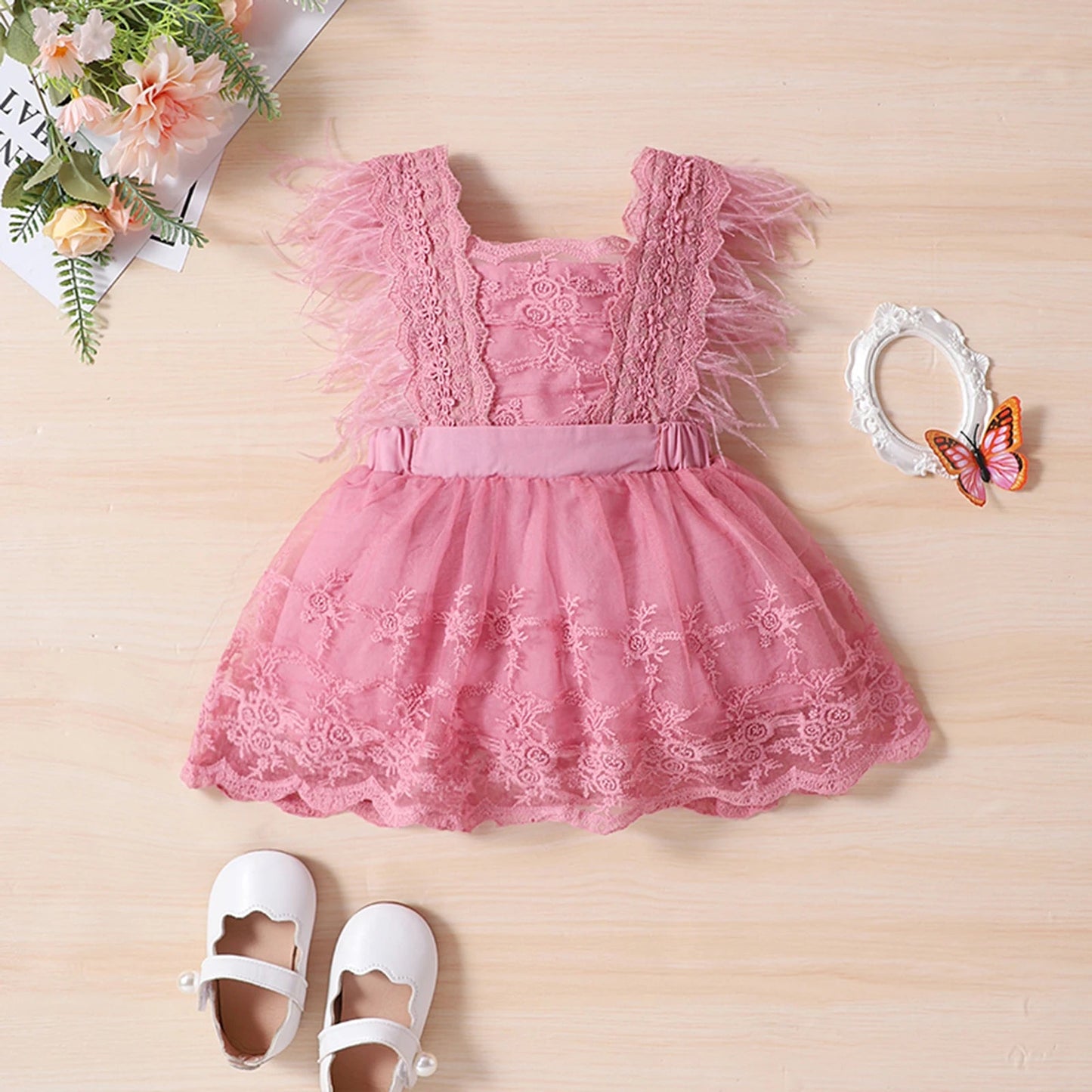 KMK - Lace Floral Dress Feather Sleeve Princess Dress