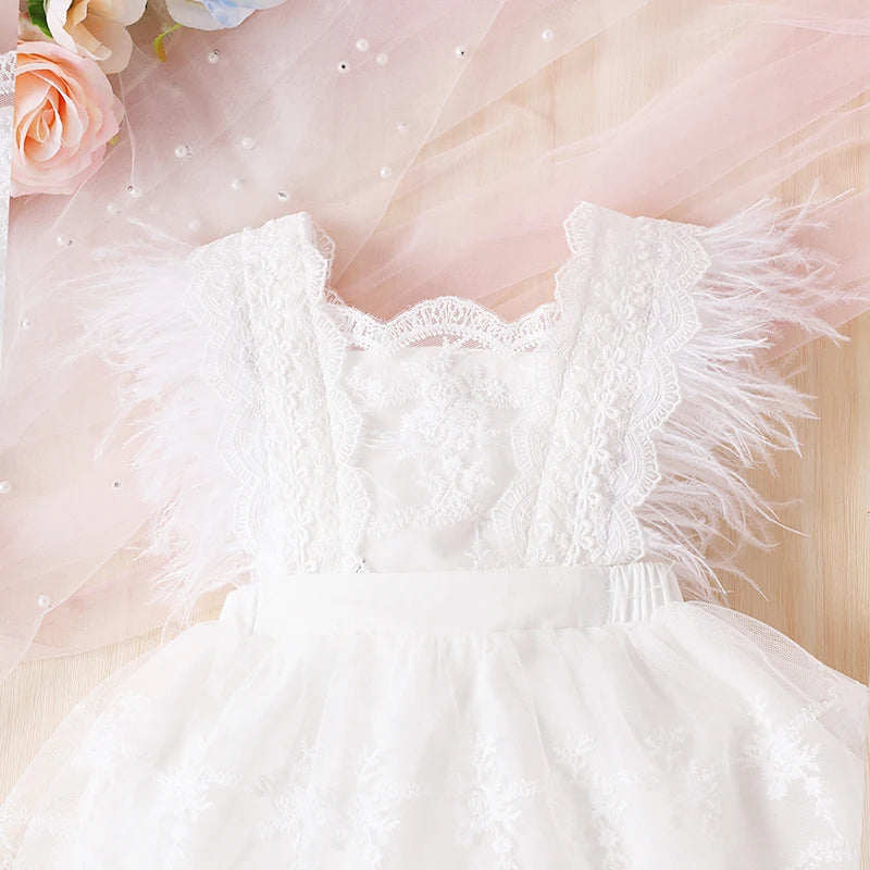 KMK - Lace Floral Dress Feather Sleeve Princess Dress