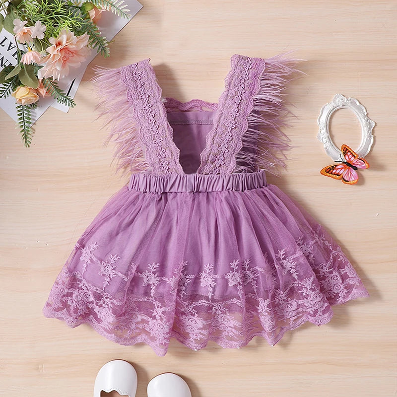 KMK - Lace Floral Dress Feather Sleeve Princess Dress