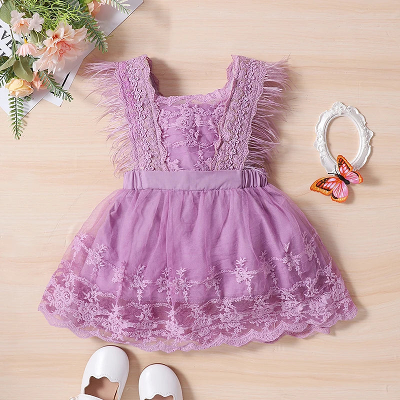 KMK - Lace Floral Dress Feather Sleeve Princess Dress