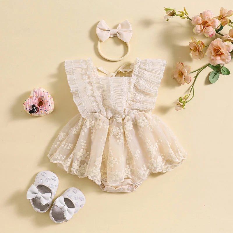 KMK - Lace Flower Embroidery Romper Dress + Headband