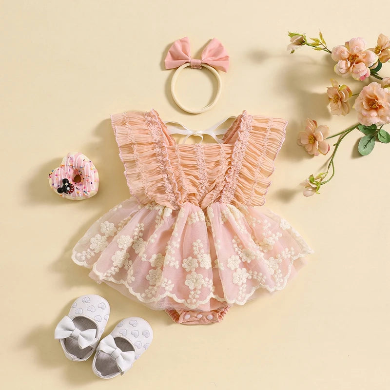 KMK - Lace Flower Embroidery Romper Dress + Headband