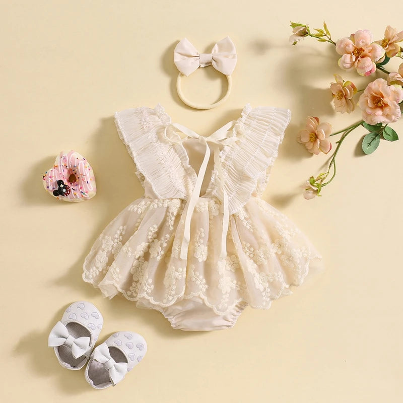 KMK - Lace Flower Embroidery Romper Dress + Headband