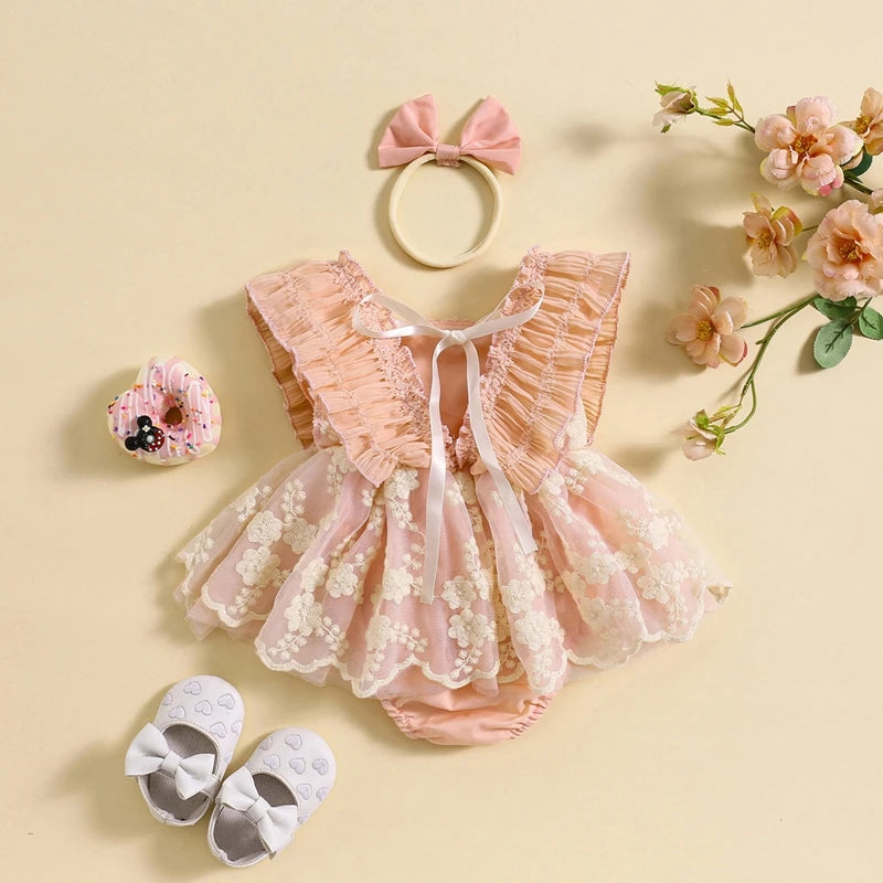 KMK - Lace Flower Embroidery Romper Dress + Headband