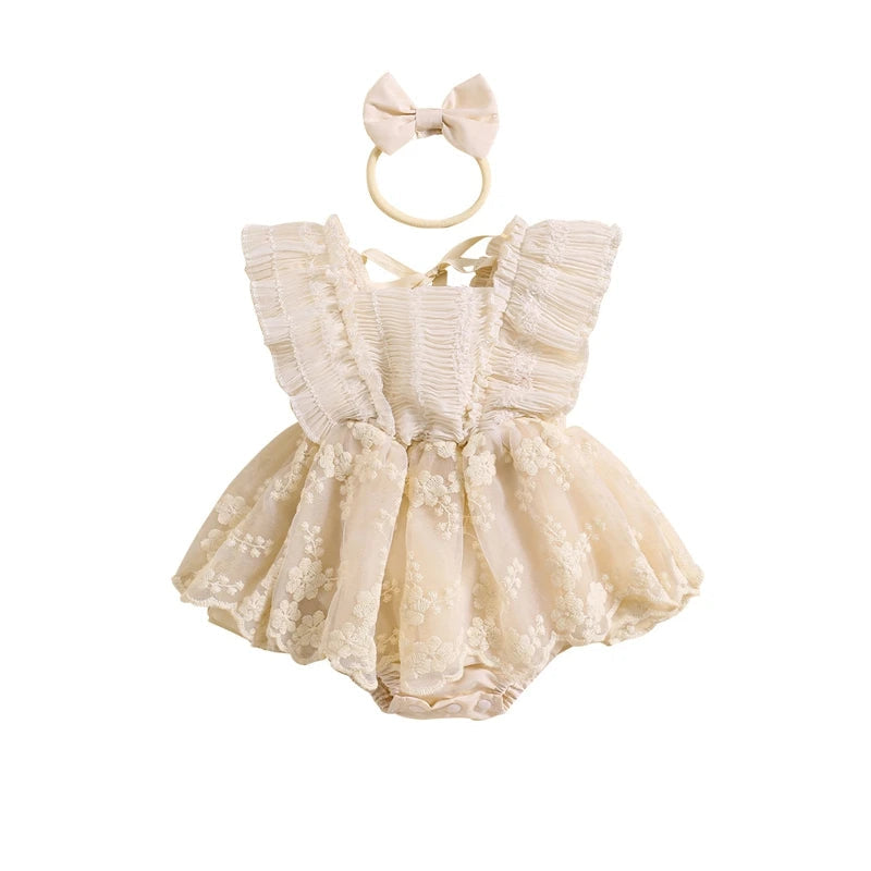 KMK - Lace Flower Embroidery Romper Dress + Headband