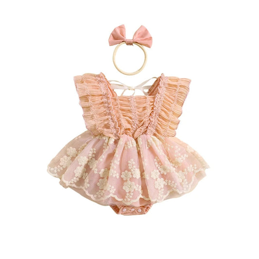 KMK - Lace Flower Embroidery Romper Dress + Headband