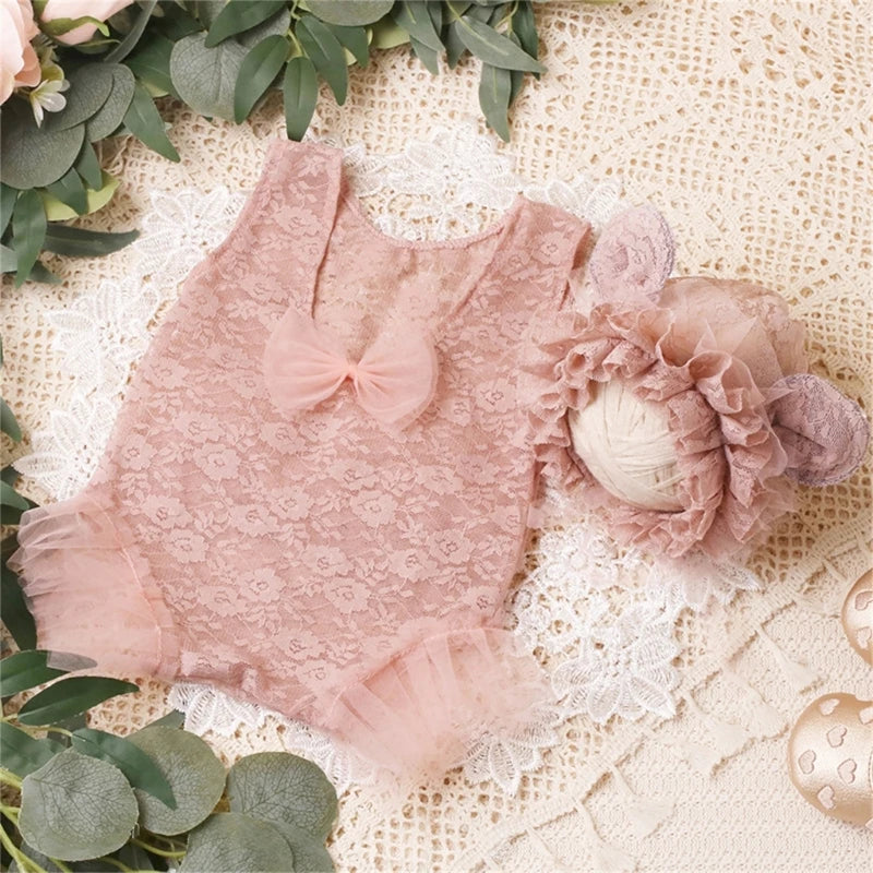 KMK - Lace Romper & Ear Bonnet Set