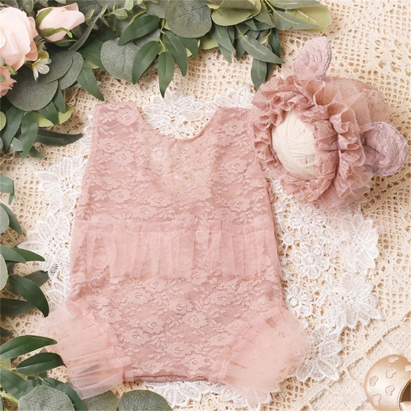 KMK - Lace Romper & Ear Bonnet Set