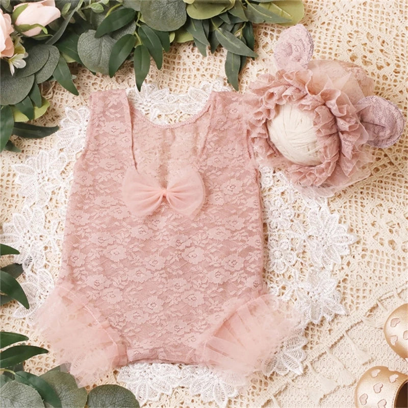 KMK - Lace Romper & Ear Bonnet Set