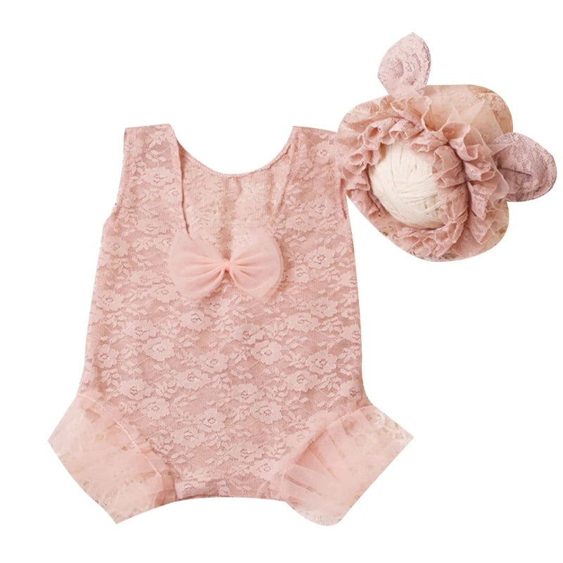 KMK - Lace Romper & Ear Bonnet Set