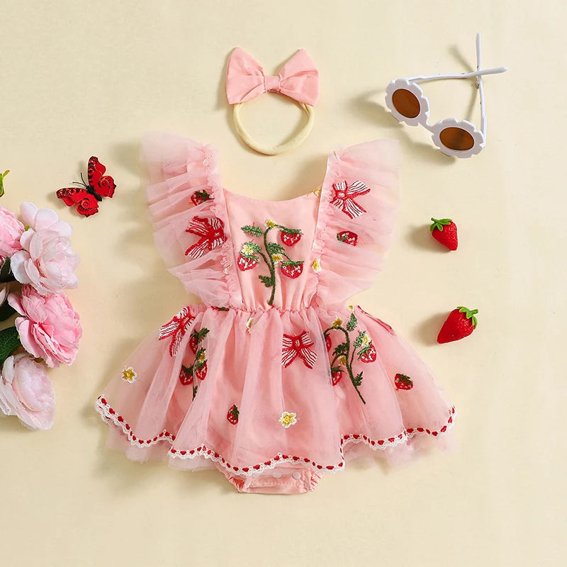 KMK - Lace Strawberry Patch Embroidered Tulle Romper Dress + Headband