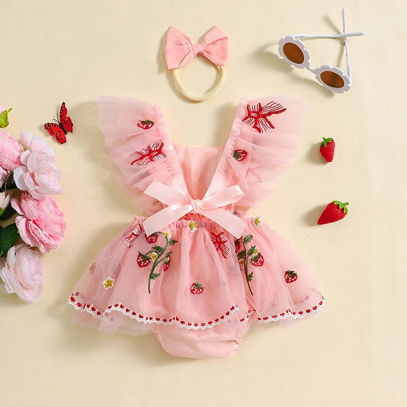 KMK - Lace Strawberry Patch Embroidered Tulle Romper Dress + Headband