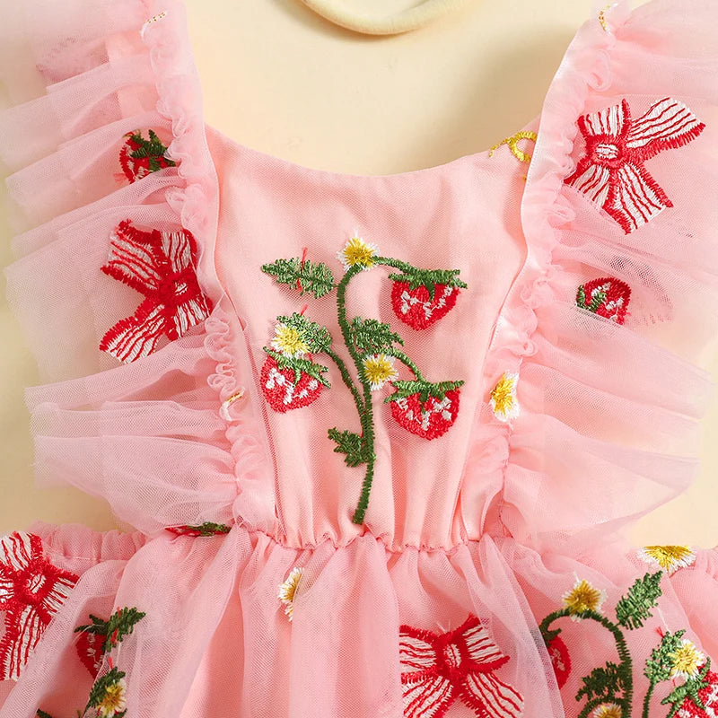 KMK - Lace Strawberry Patch Embroidered Tulle Romper Dress + Headband